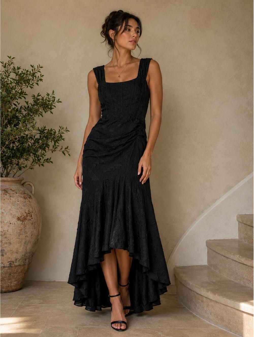 Black Textured Sleeveless Asymmetric Maxi Dress - Picture 1 of 6